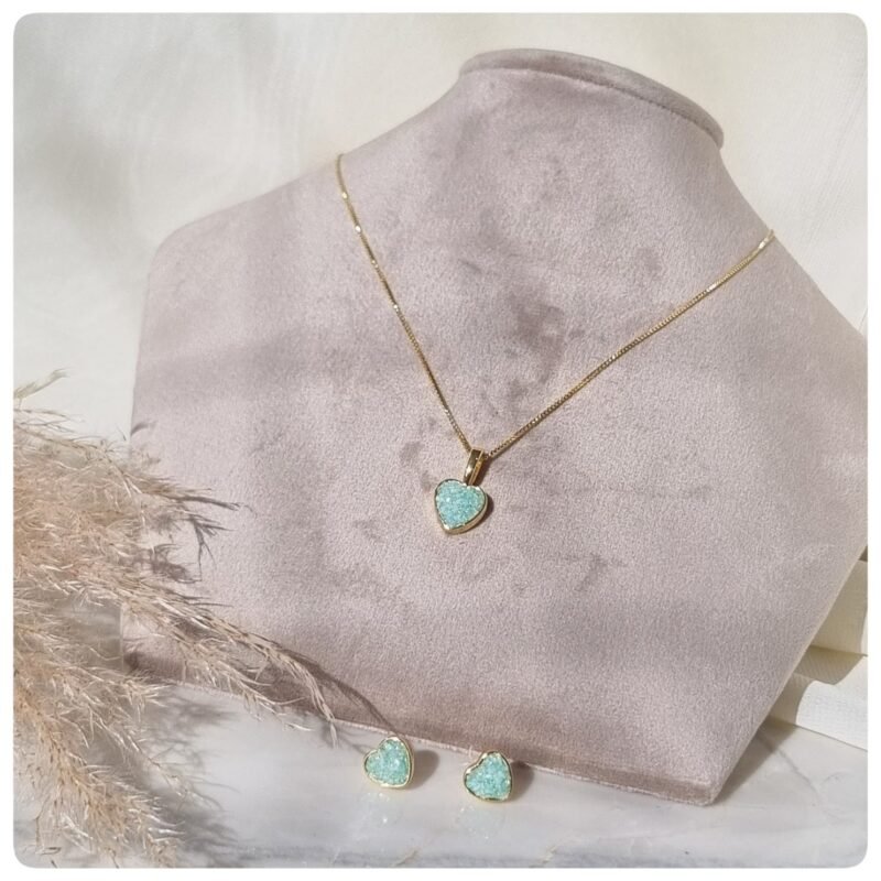 Conjunto dourado pedra natural amazonita verde